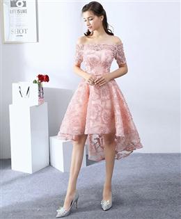 Picture of Pink High Low Lace Off Shoulder Soop Party Dress, Pink New Homecoming Dress